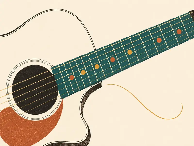 Abstract acoustic guitar and teal fretboard with coloured finger positions