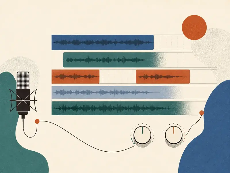 Abstract recording arrangement with waveforms, microphone, controls and connecting cable