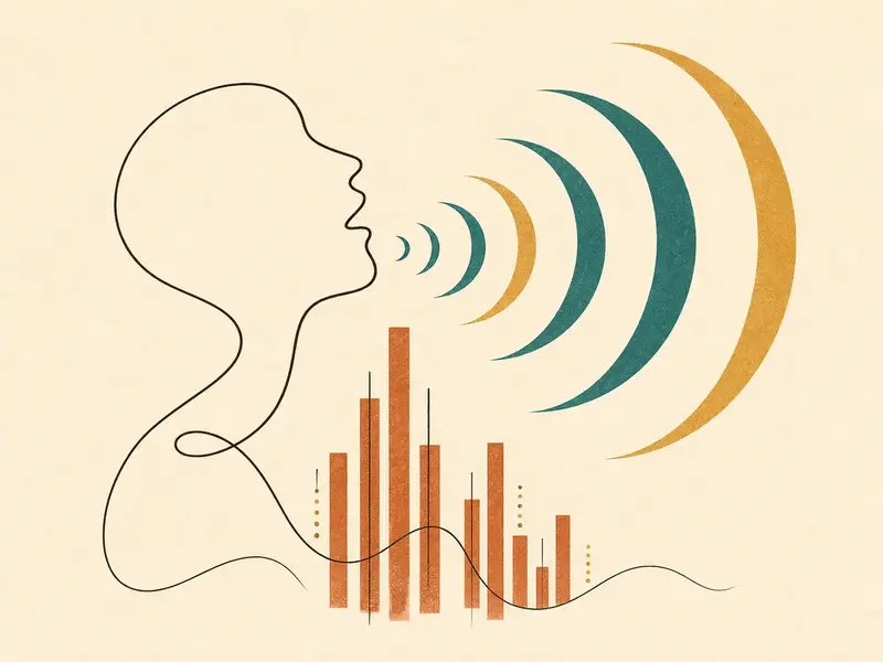 Abstract speaking profile with expanding resonance arcs and grounded rhythm bars